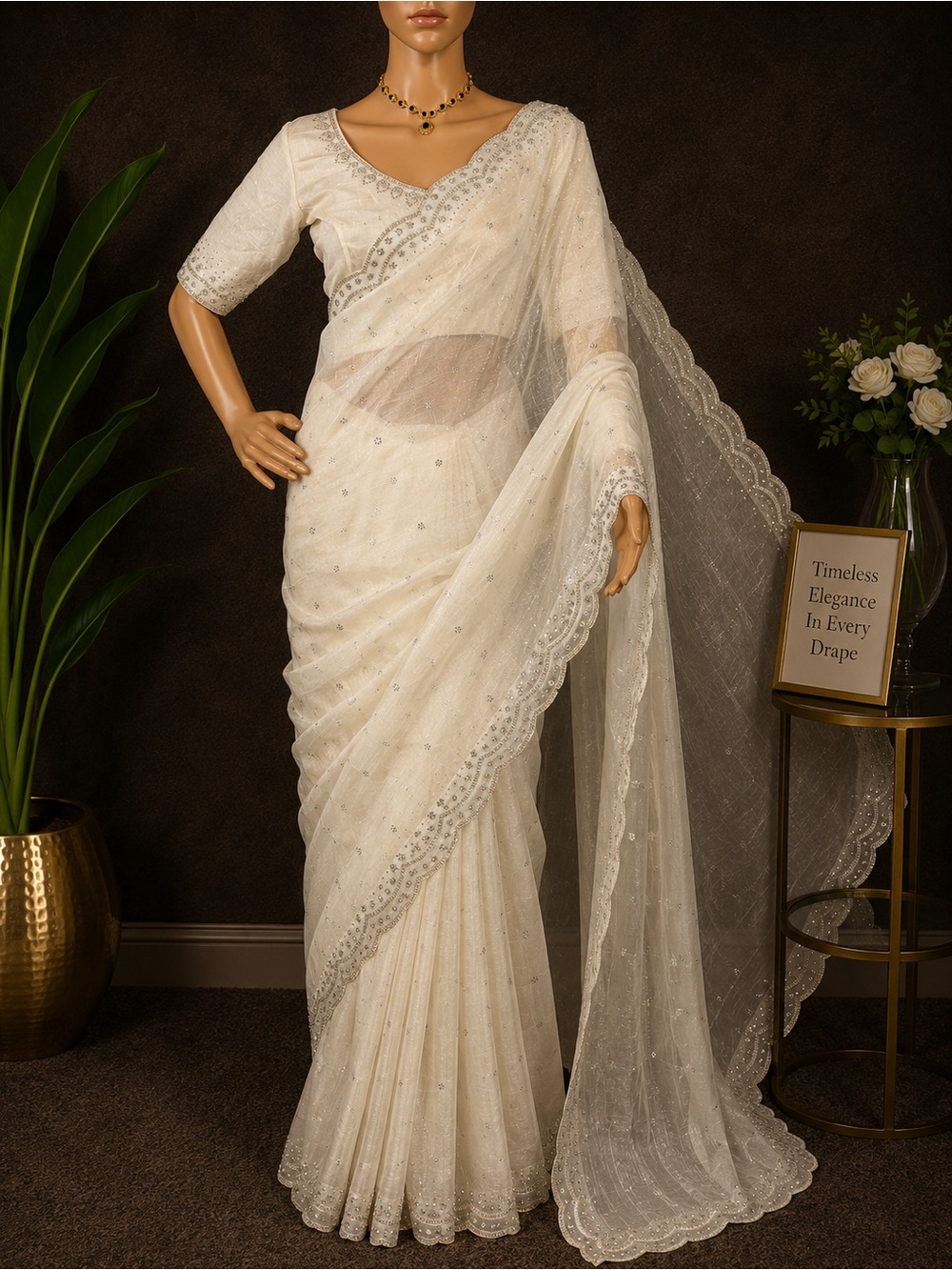 Elegant Ivory Sequin Saree & stitched blouse(Brand New)